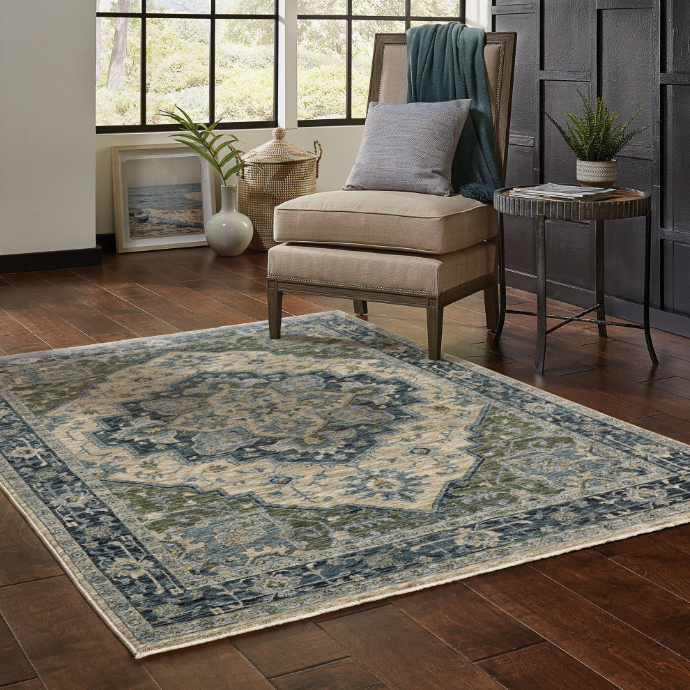 Augustus Center Medallion Blue/ Tan Indoor Area Rug, Blue, 9'10"x12'10"