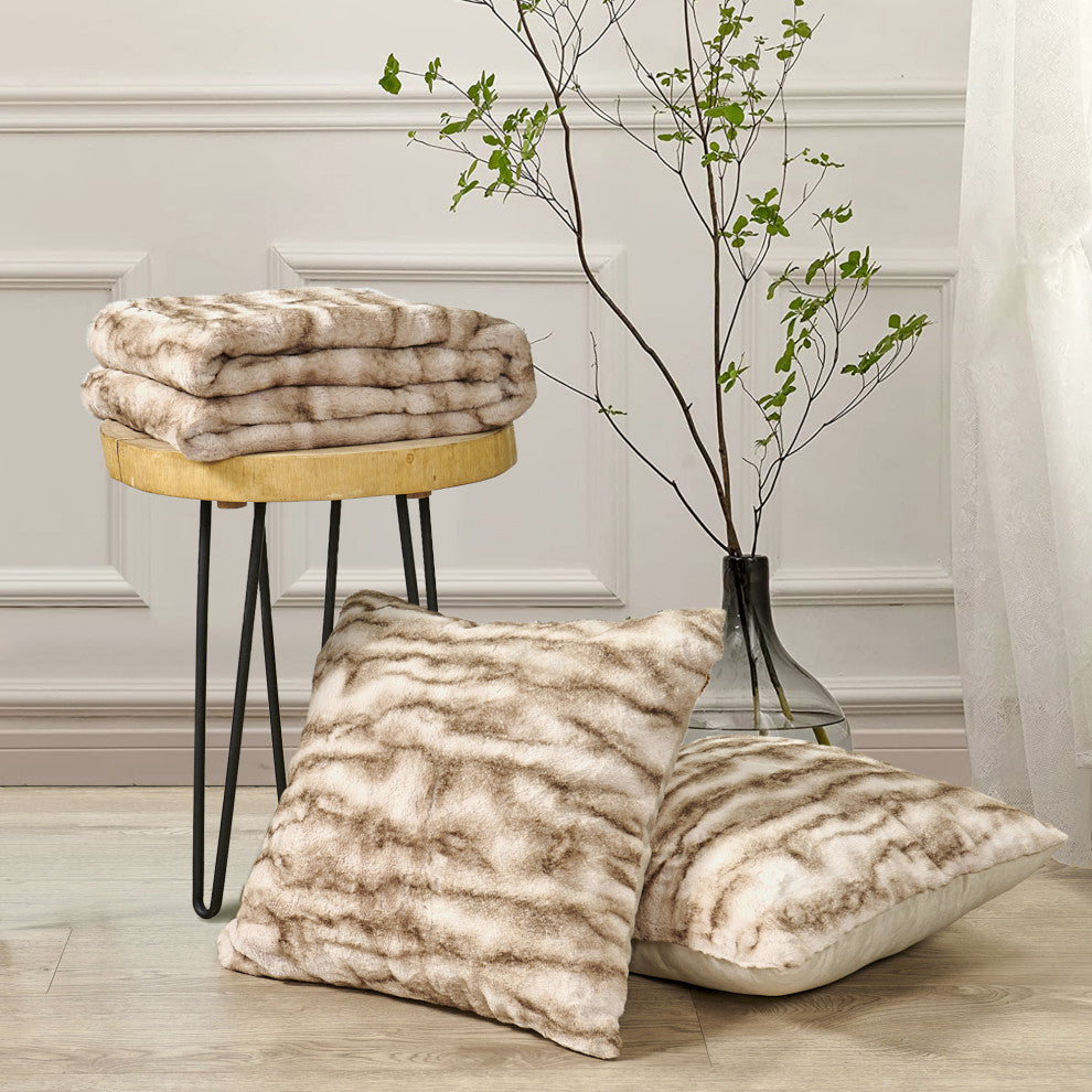 Raccoon Faux Fur Throw Blanket With 2 Pillows, Taupe, 50"x60"
