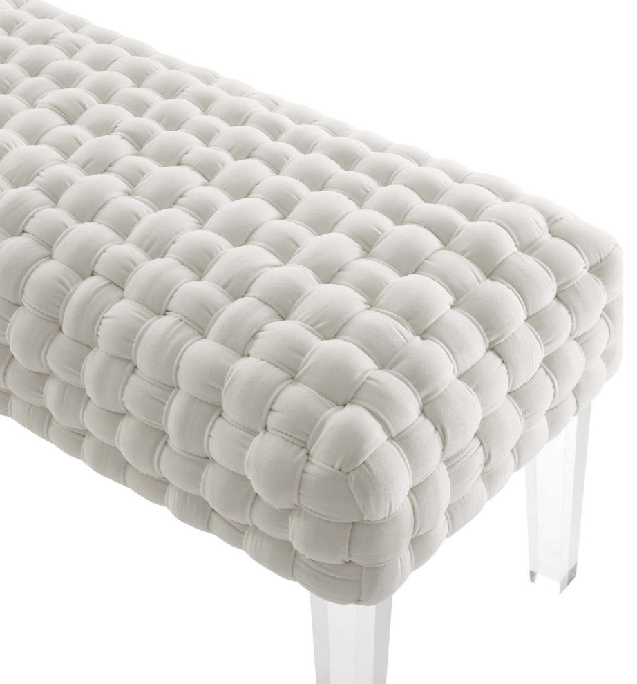 Ottoman Bench, White, Velvet, Modern, Mid Century Hotel Lounge Cafe