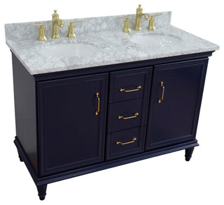 49" Double Vanity, Blue Finish With White Carrara And Oval Sink