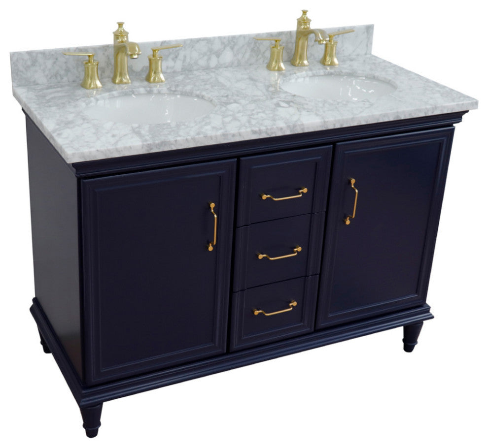 49" Double Vanity, Blue Finish With White Carrara And Oval Sink
