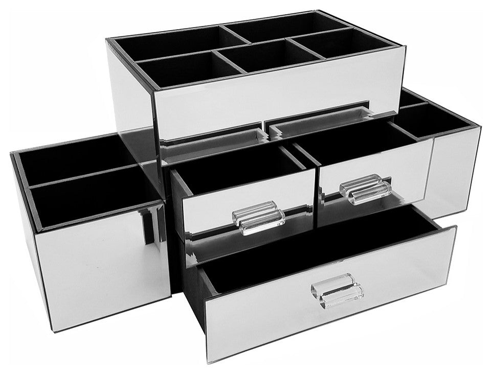 OnDisplay Amara 3 Drawer Tiered Mirrored Makeup/Jewelry Organizer - Glass Panel