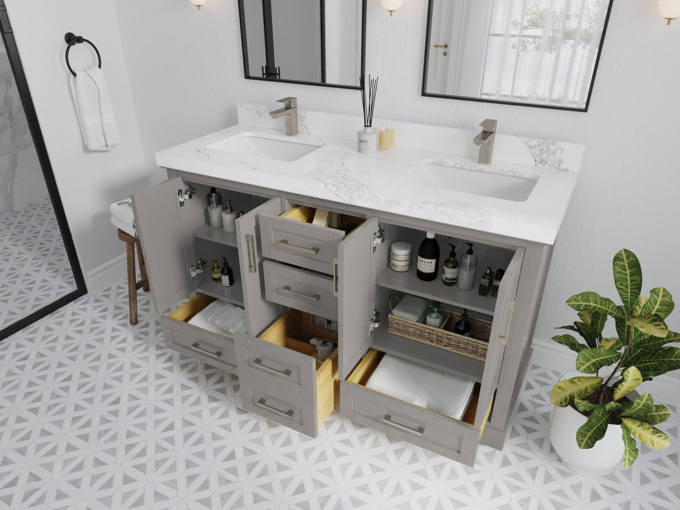 Boston 60 Double Bathroom Vanity in Elephant Skin Gray 2" Carrara Marble