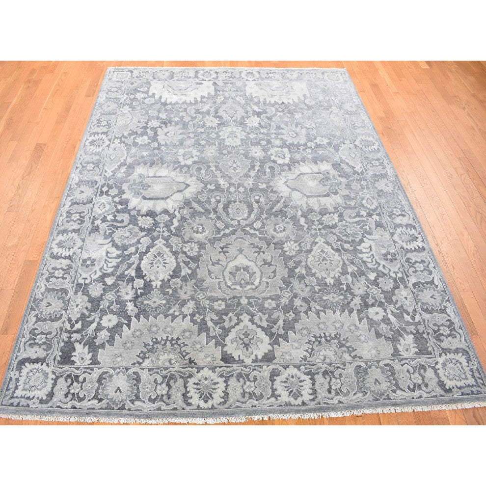 Charcoal Gray Silk/Textured Wool Hand Knotted Oushak Influence Rug, 7'10"x10'2"
