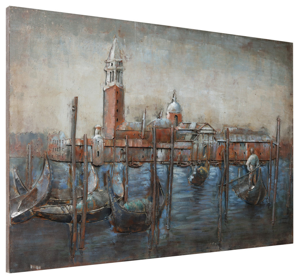 Gondolas Wall Art Mixed Media Hand Painted Iron Wall Sculpture, 48"x 32"