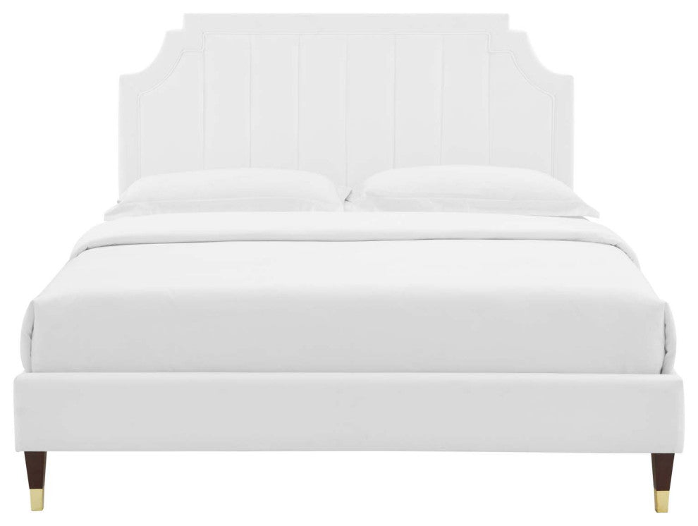 Platform Bed Frame, King Size, Velvet, White, Modern Contemporary, Bedroom