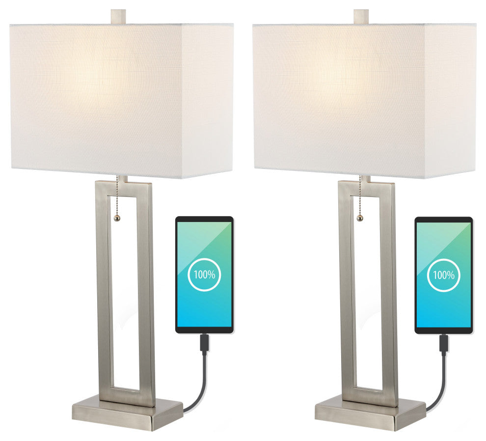 Sabrina 28.5" Iron LED Table Lamp With USB Charging Port, Nickel, Set of 2