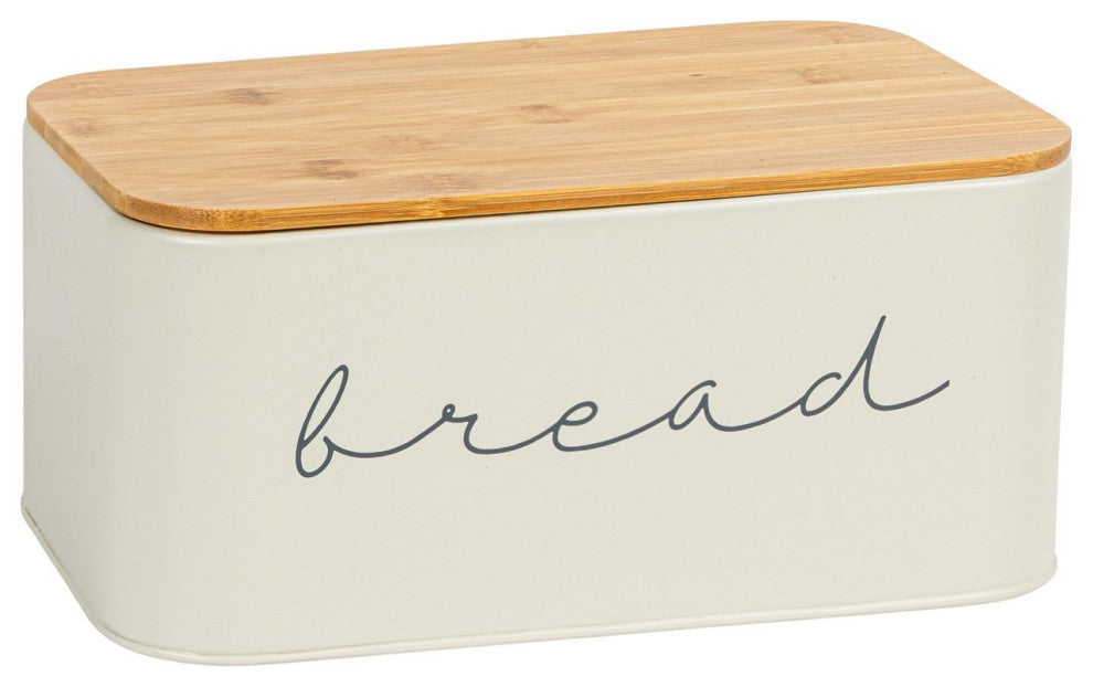 Metal "bread" Bin With Bamboo Lid, Cream, Grey