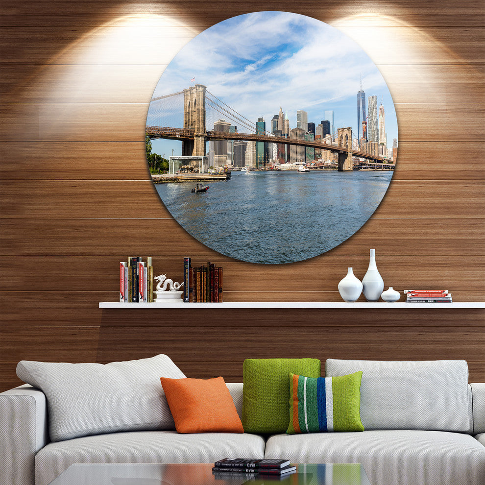 Summer Day Brooklyn Bridge, Cityscape Round Metal Wall Art, 36"