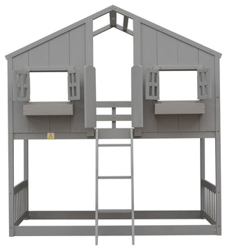 Twin over Twin Low Height Wood House Bunk Bed with Roof and Ladder, Grey