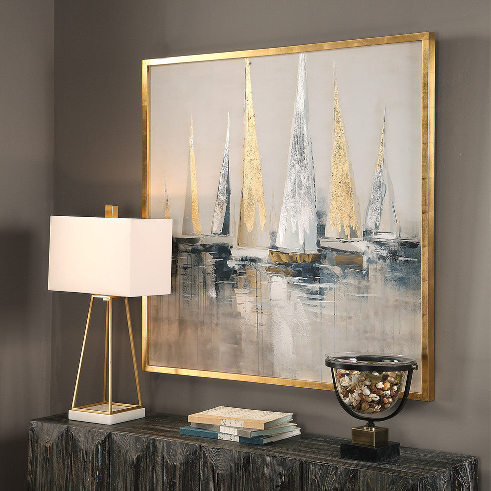 Oversize Metallic Sailboats Nautical Wall Art, Painting Silver Gold Blue Gray