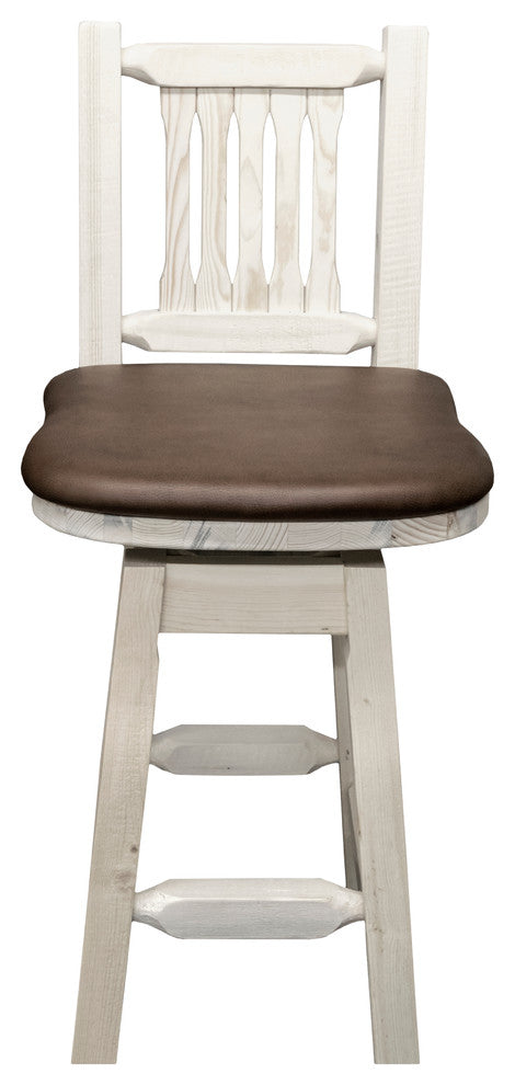 Homestead Bar Stool, Back and Swivel, Saddle Upholstery, Clear Lacquer Finish