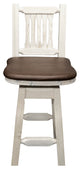 Homestead Bar Stool, Back and Swivel, Saddle Upholstery, Clear Lacquer Finish