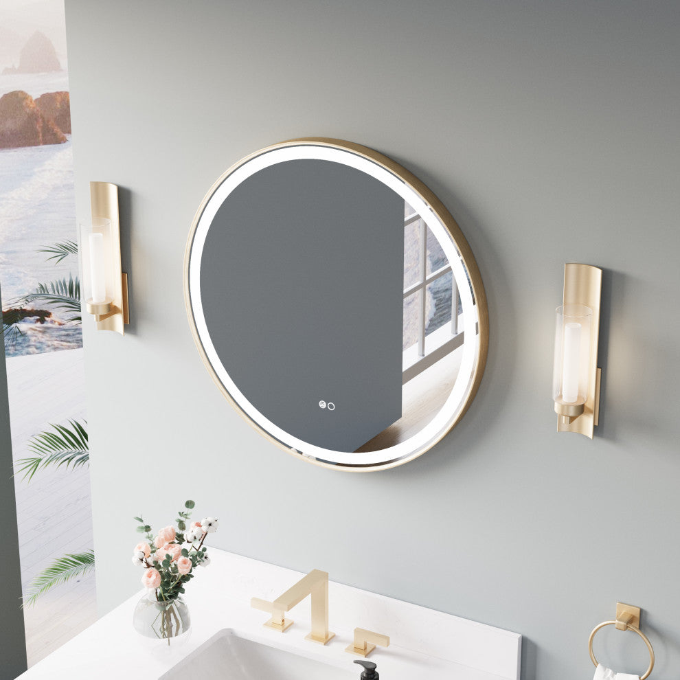 Round LED Bathroom Vanity Mirror, Defogger and Dimmer, ETL-listed, 28"x28", Brushed Gold