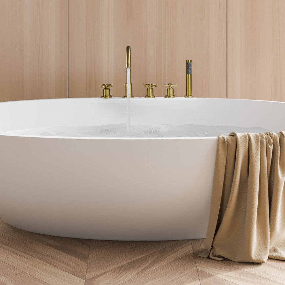 Sorlia Cross Handles Deck-Mount Roman Tub Faucet With Handshower, Brushed Gold
