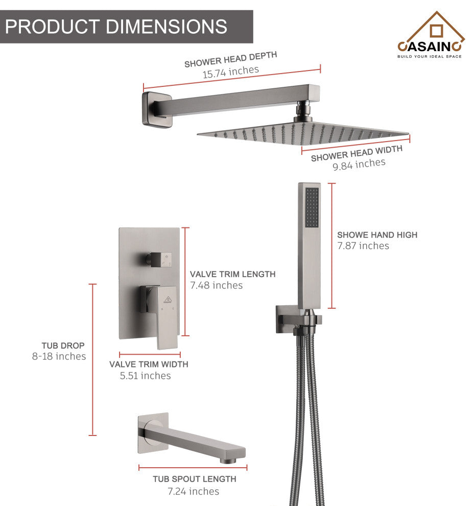 CASAINC 10" Wall Mounted Luxury Dual Rainfall Shower System Kit w Bathtub Spout, Brushed Nickel
