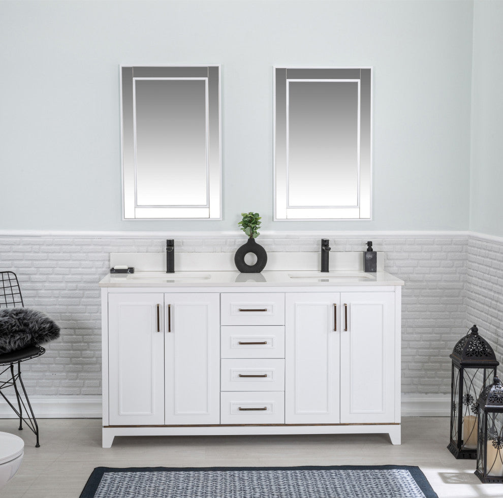 Albia Collection 60" Bathroom Vanity With Sink, Mirror, Countertop, White