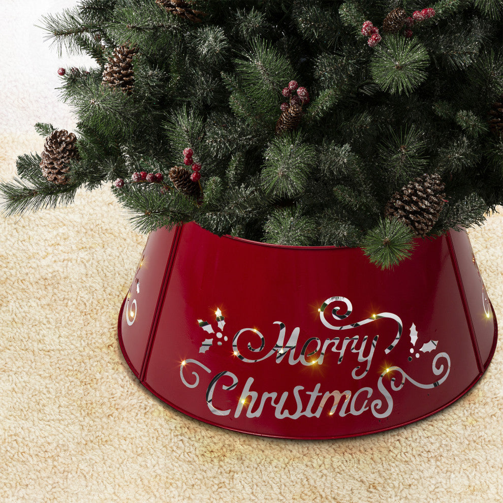 26"D "Merry Christmas" Diecut Metal Tree Collar With Light String