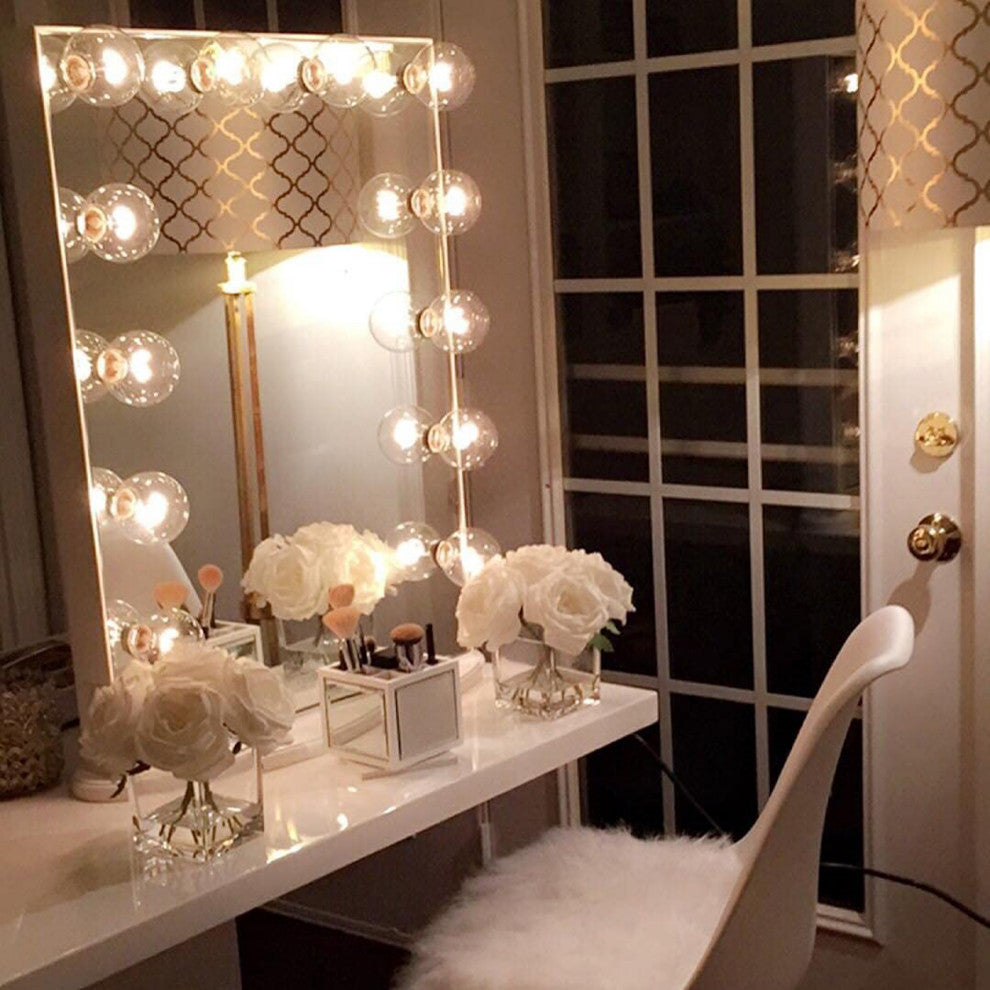 Hollywood Glow XL Vanity Mirror, Glossy White, Clear Led Globe Bulbs