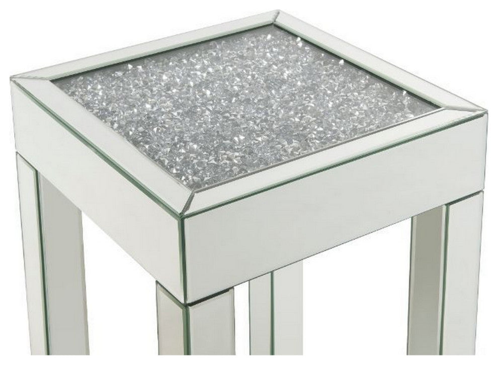 Benzara BM250372 End Table With Faux Acrylic Diamond Top and Block Legs, Silver