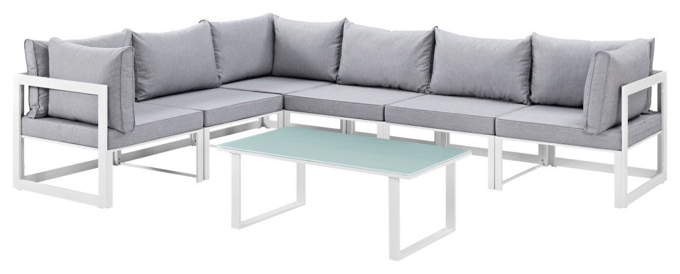 Modway Fortuna 7 Piece Outdoor Patio Sectional Sofa Set, White Gray