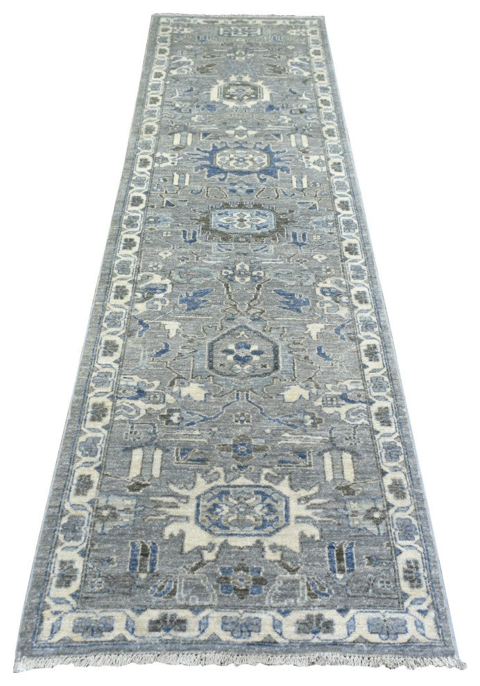 Light Gray Pure Wool Hand Knotted Fine Peshawar Runner Oriental Rug, 2'6"x9'9"