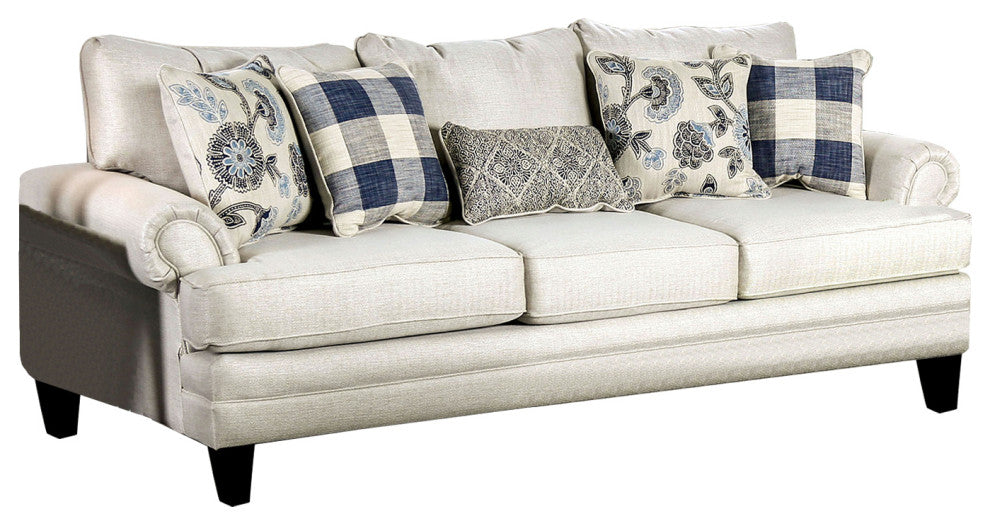 Linen-like Fabric Sofa with Rolled Arms Design, Ivory
