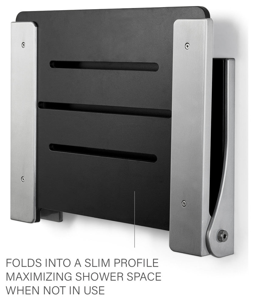 Silhouette Folding Wall Mount Shower Bench Seat, Black Seat With Silver Frame