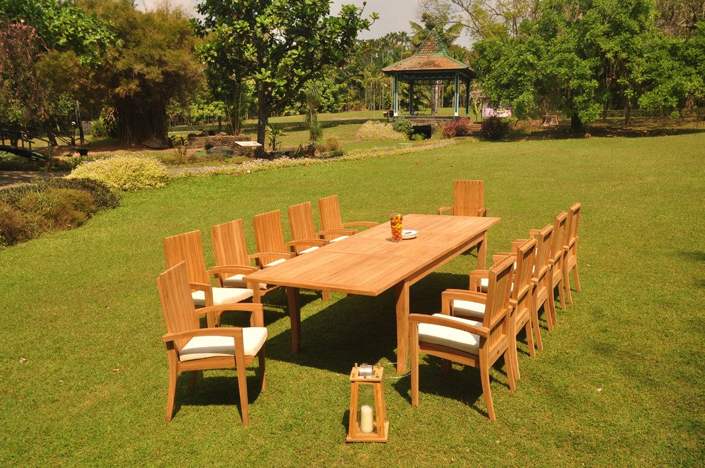 13-Piece Outdoor Teak Dining 122" X-Large Rectangle Table, 12 Goa Stacking Chair