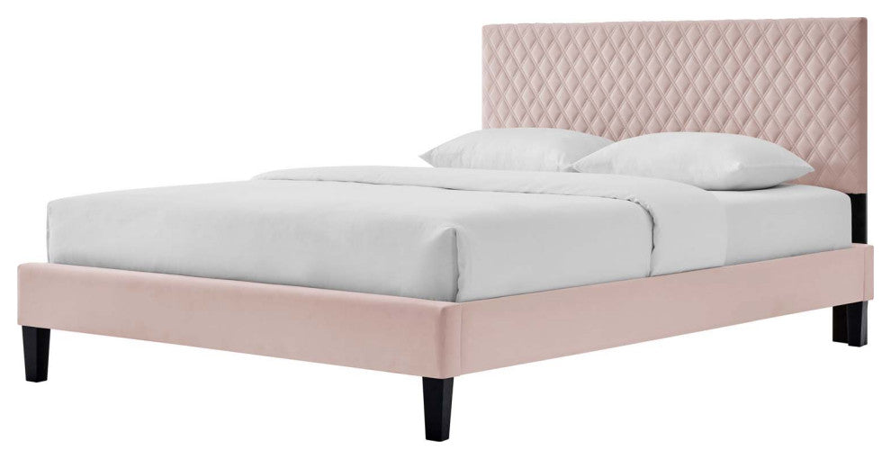 Platform Bed Frame, King Size, Pink, Velvet, Modern, Bedroom Master Guest Suite