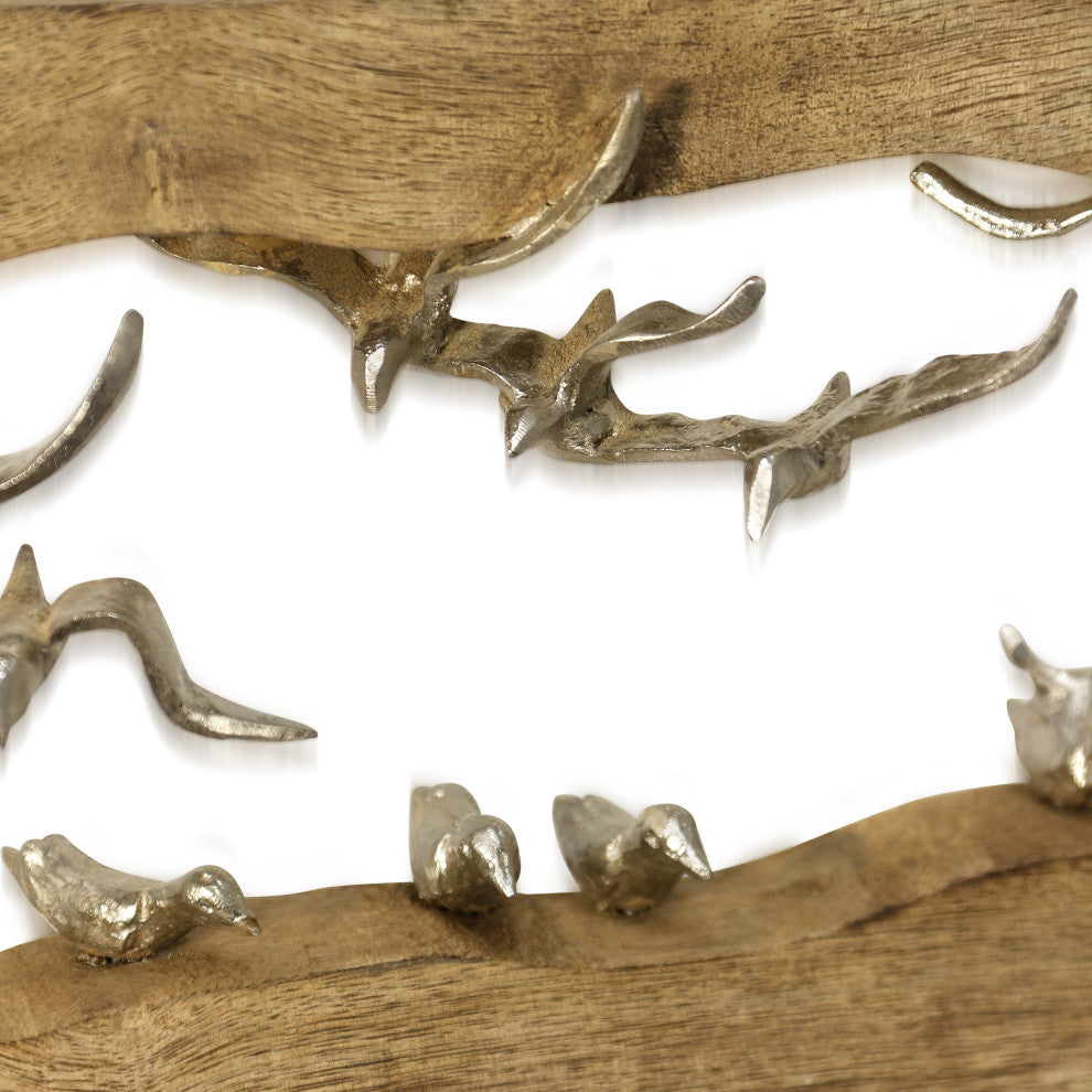 Gull Crevasse, Carved Wood Table Top Decor With Pewter Painted Flock of Birds
