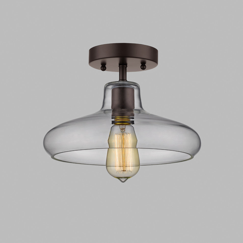 DICKENS Industrial-style 1 Light Rubbed Bronze Semi-flush Ceiling Fixture 11"