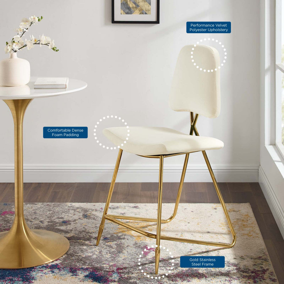 Counter Stool Chair, Set of 2, Velvet, Metal, Ivory White, Modern, Bar Pub