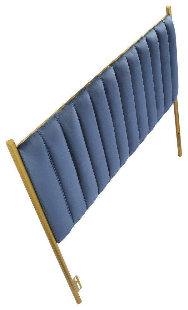 Chloe Contemporary/Glam Headboard, Gold Metal/Blue Velvet