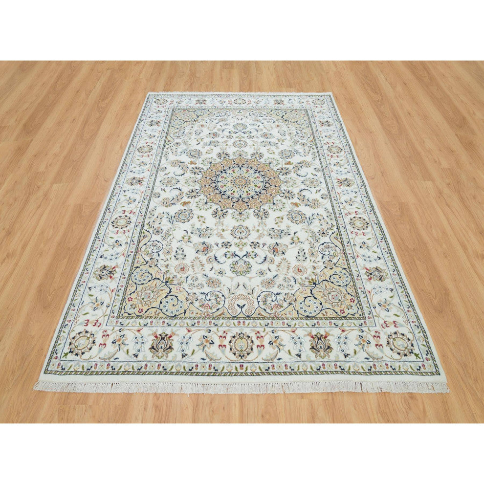 Powder White, Hand Knotted, Nain Design, 250 KPSI Natural Wool Rug, 6'1"x9'1"