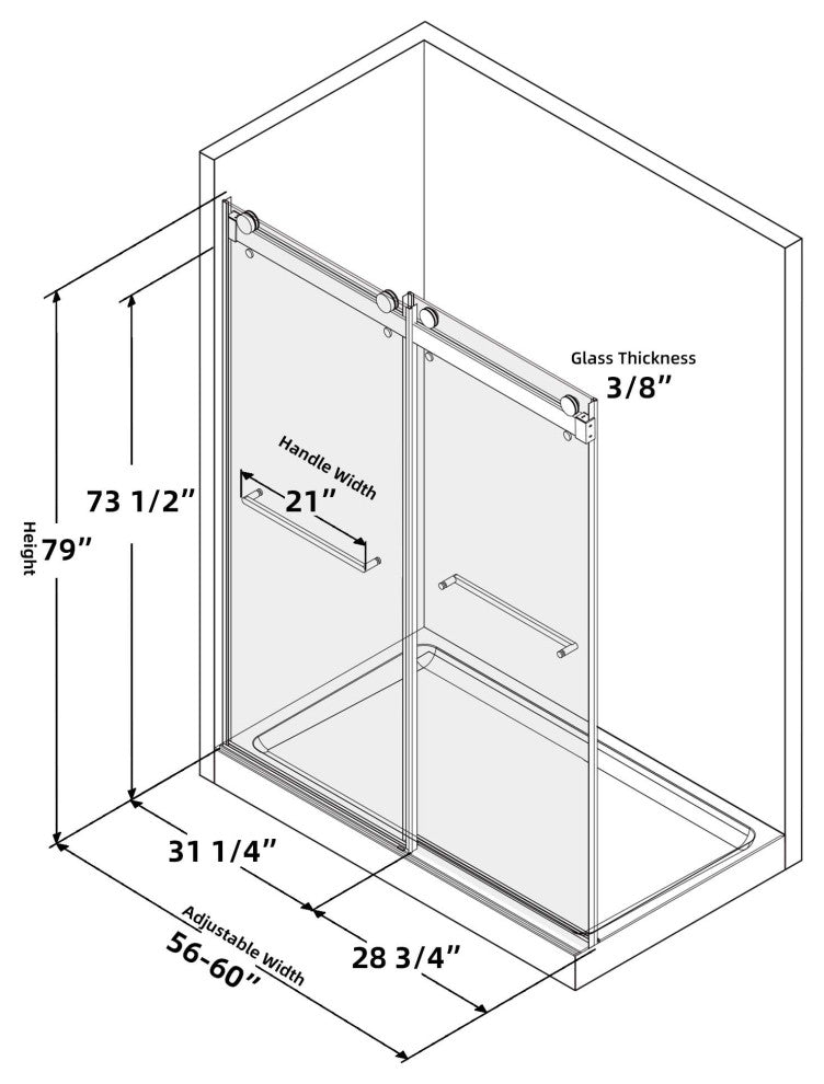 60 in. W x 79" H Double Sliding Frameless Shower Door, Brushed Nickel