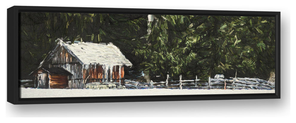 Snowy Cabin 36x12 Black Floating Framed Canvas