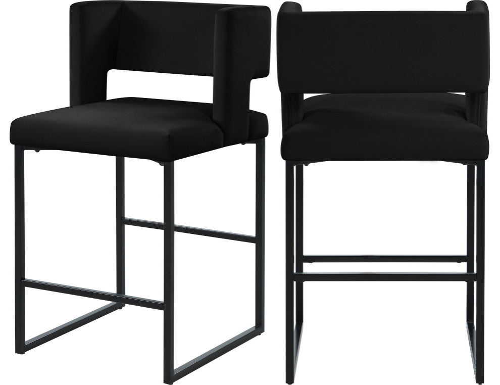 Caleb Upholstered Counter Stool, Set of 2, Black, Velvet, Matte Black