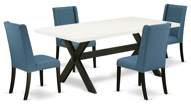 5-Piece Set Linen White Table Top and 4 Linen Fabric Chairs, Black