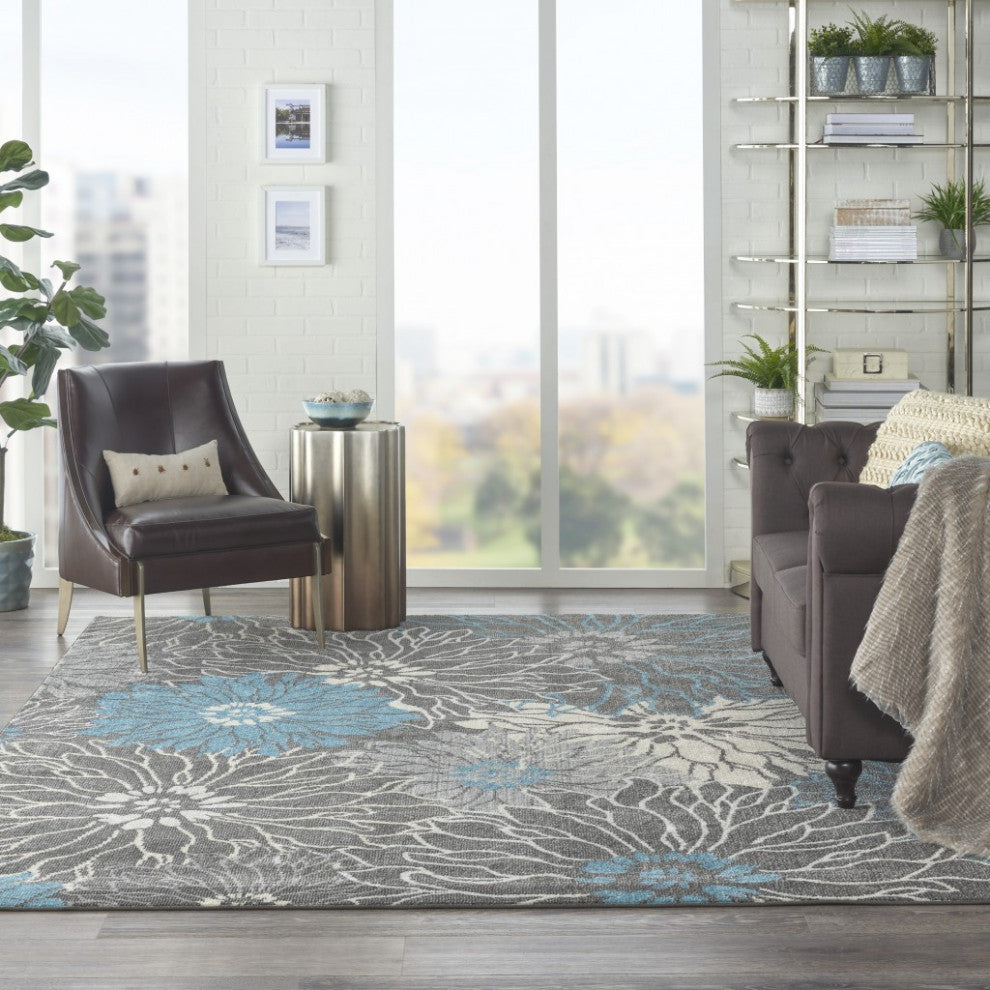 7 x 10 Charcoal and Blue Big Flower Area Rug