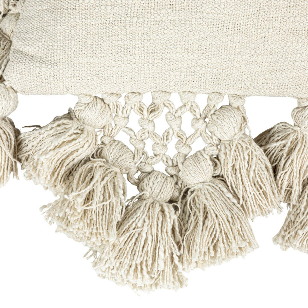 Square Crochet and Tassels Cream Cotton Slub Pillow