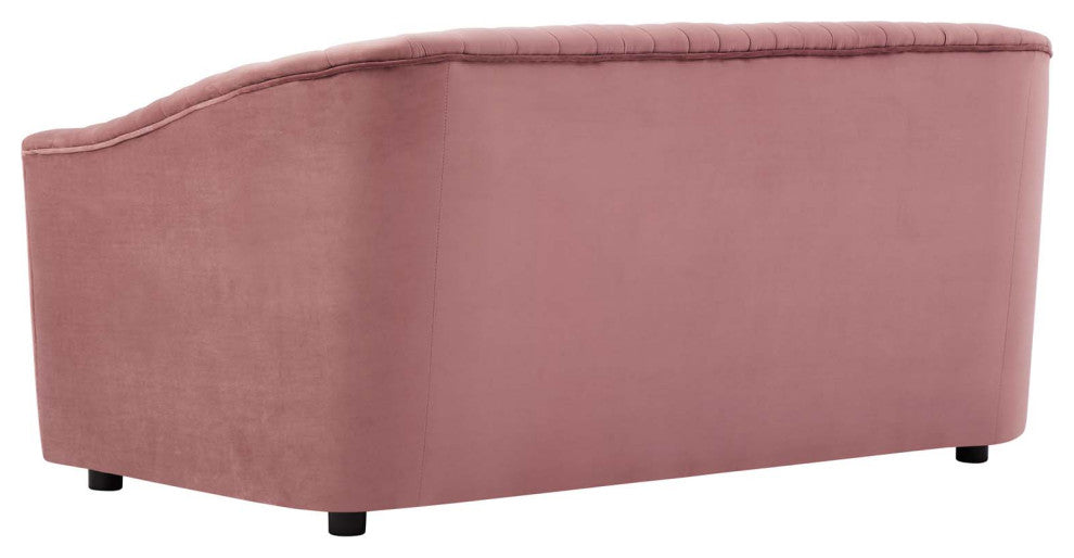 Tufted Loveseat Sofa, Pink, Velvet, Modern, Mid Century Hotel Lounge Cafe Lobby
