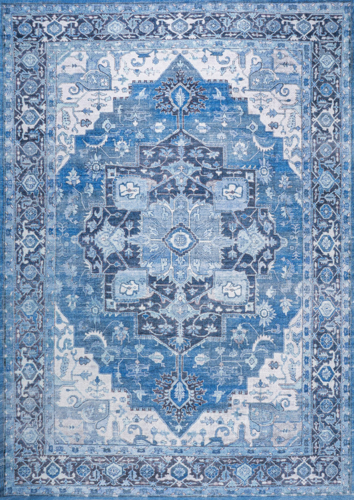 Maris Ornate Medallion Machine Washable Indoor Area Rug, Blue/Navy, 4 X 6