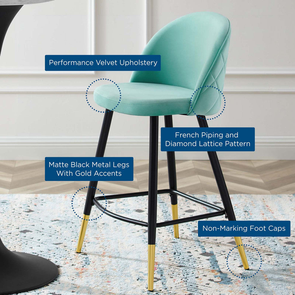 Counter Stool Chair, Set of 2, Velvet, Metal, Blue, Modern, Bar Pub Cafe Bistro
