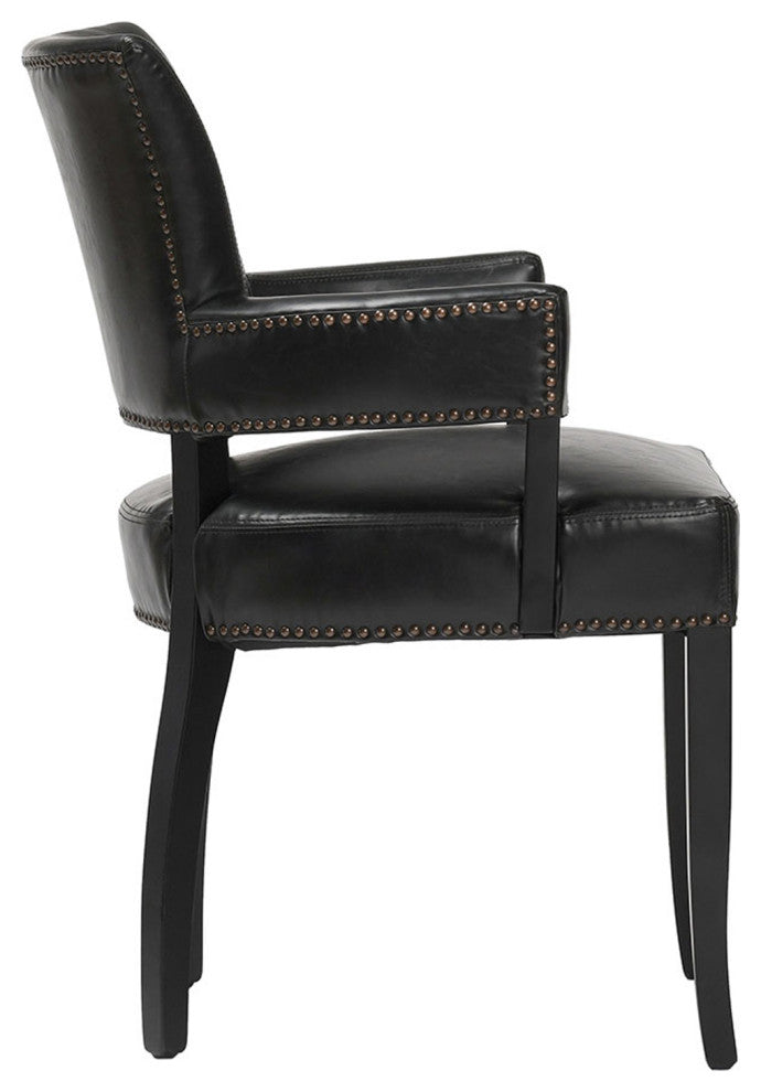 Black Leather and Nailhead Arm Dining Chair
