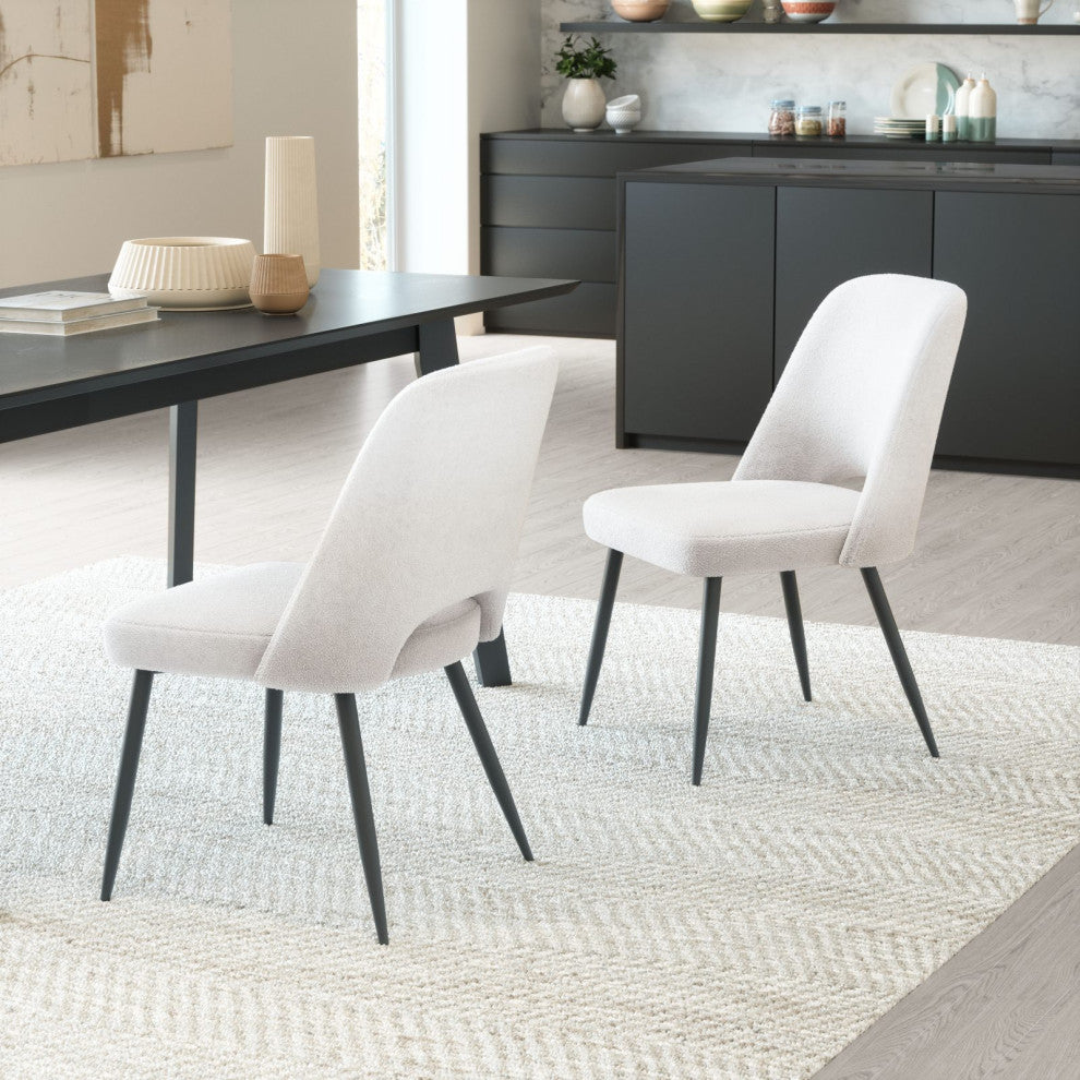 Dining Chair, Set of 2, Steel Metal, Fabric, Ivory, Black, Kitchen Cafe Bistro