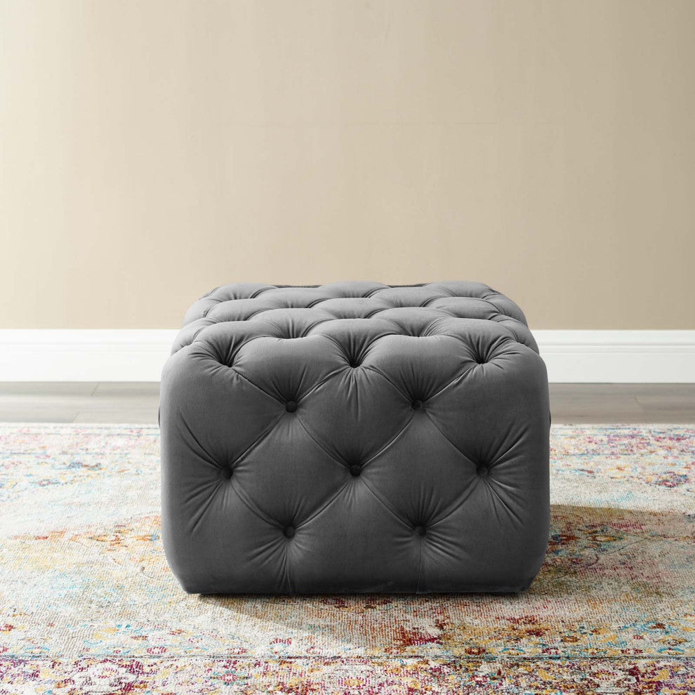 Tufted Accent Chair Ottoman, Square, Velvet, Gray, Modern, Lounge