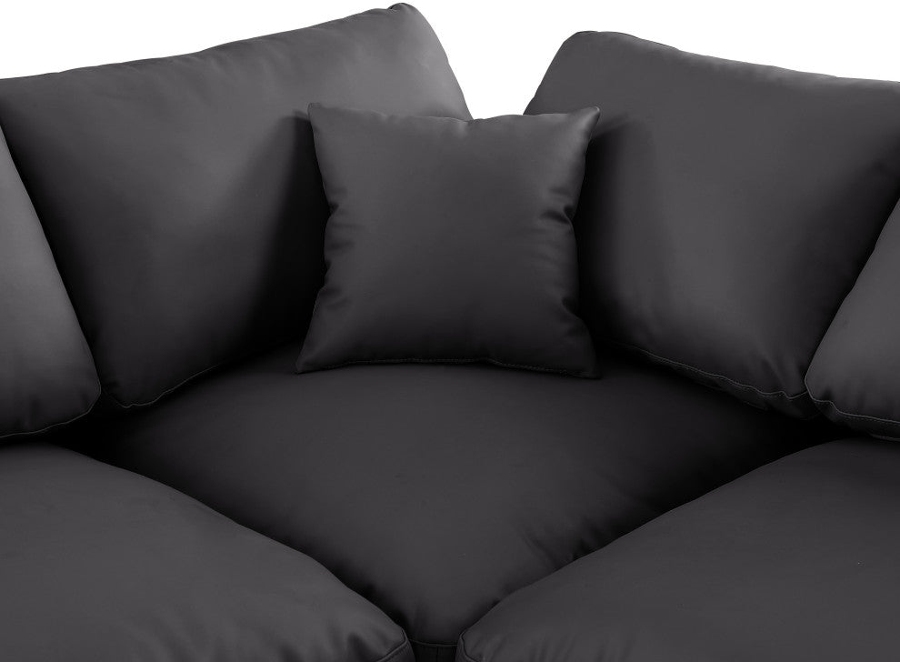 Comfy Upholstered U-Shaped Modular Sectional, Black, 6-Piece: 3 Armless Chair, 2 Corner Chair, 1 Ottoman, Vegan Leather