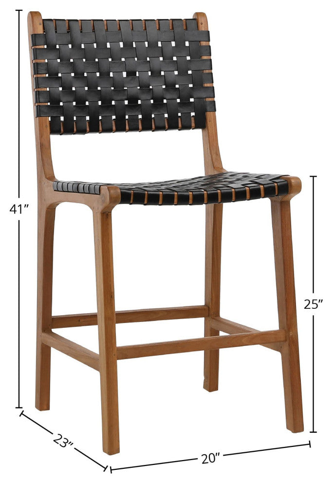 Maverick Top Grain Woven Black Leather With Teak Frame Dining Counter Stool