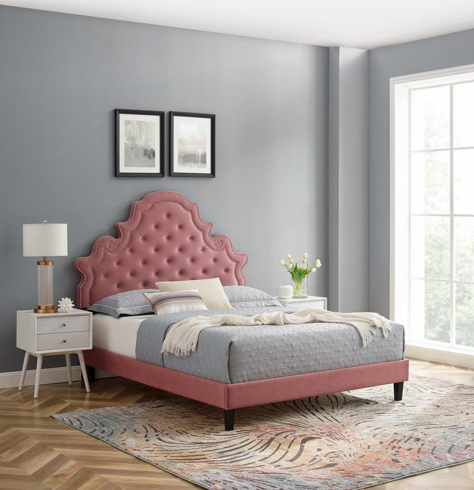 Tufted Platform Bed Frame, Queen Size, Velvet, Pink, Modern Contemporary